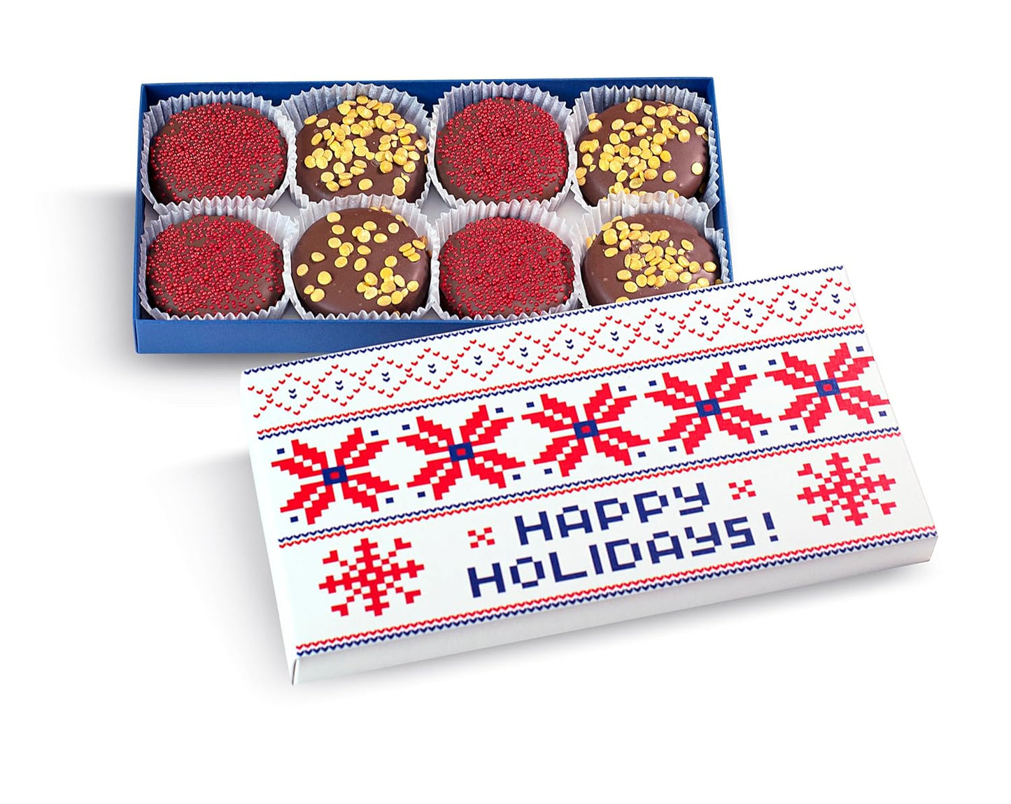 Olde Naples Christmas MILK Chocolate Dipped Chocolate Sandwich Cookies, Hand decorated Gift Basket with 7 Chocolate covered Chocolate Sandwich Cookies (Milk Chocolate)