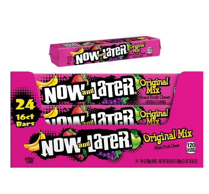 Now & Later Original Mixed Fruits Chewy Candies, 2.44oz Tray Box, 24 Individually Wrapped Classic Sweet Snack Bars, Candy in Bulk