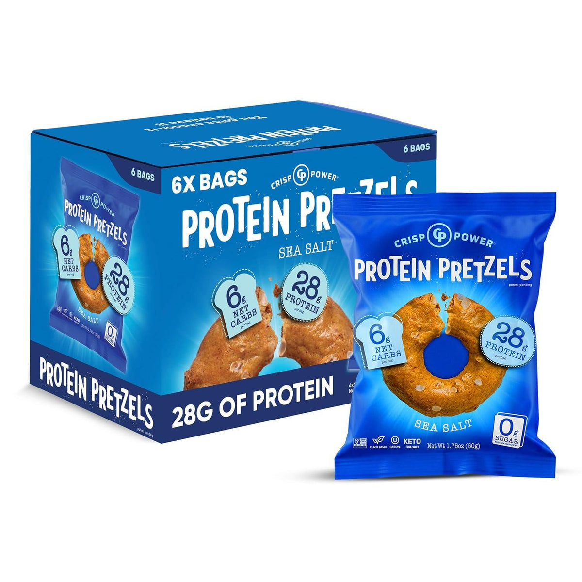 Crispy High-Protein Pretzel Snacks, Savory Sea Salt Flavor, 1.75oz, 6 Bags