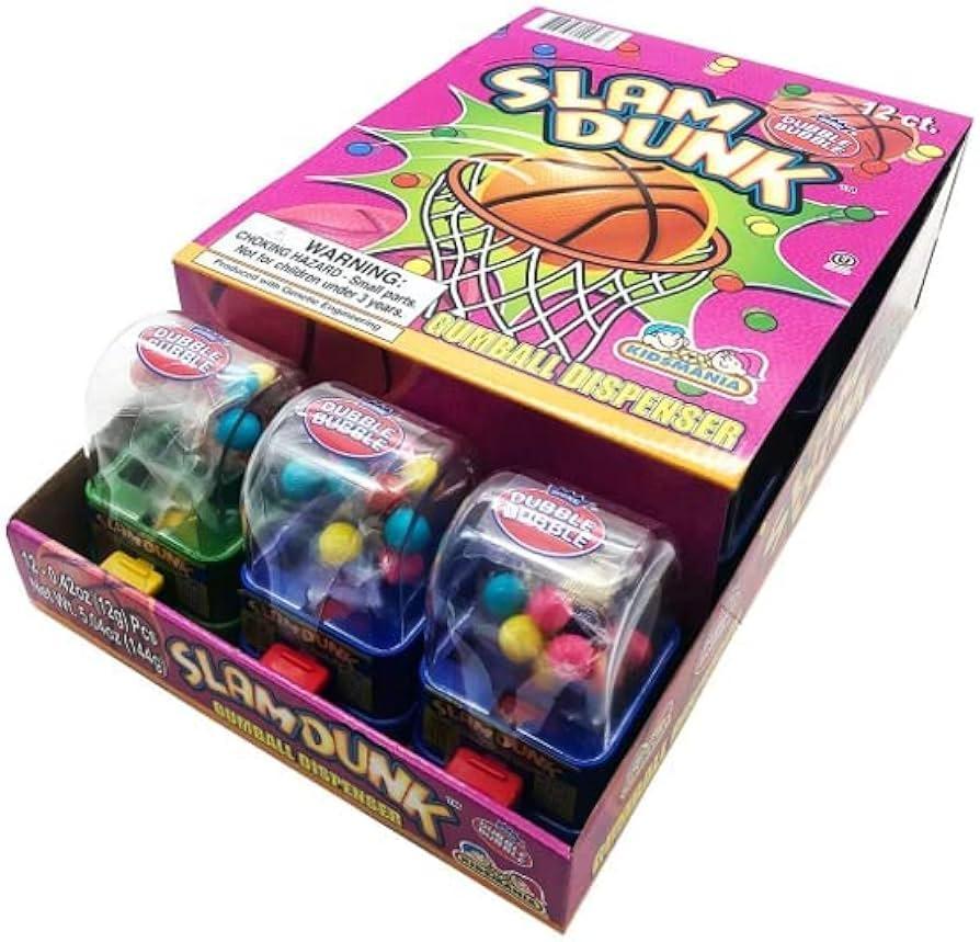 Dubble Bubble Slam Dunk Mini Basketball Gumball Dispenser, 12-Count Sugar-Based Candy Dispensers with Bubble Gum, Fun Party Favors & Collectible Treats