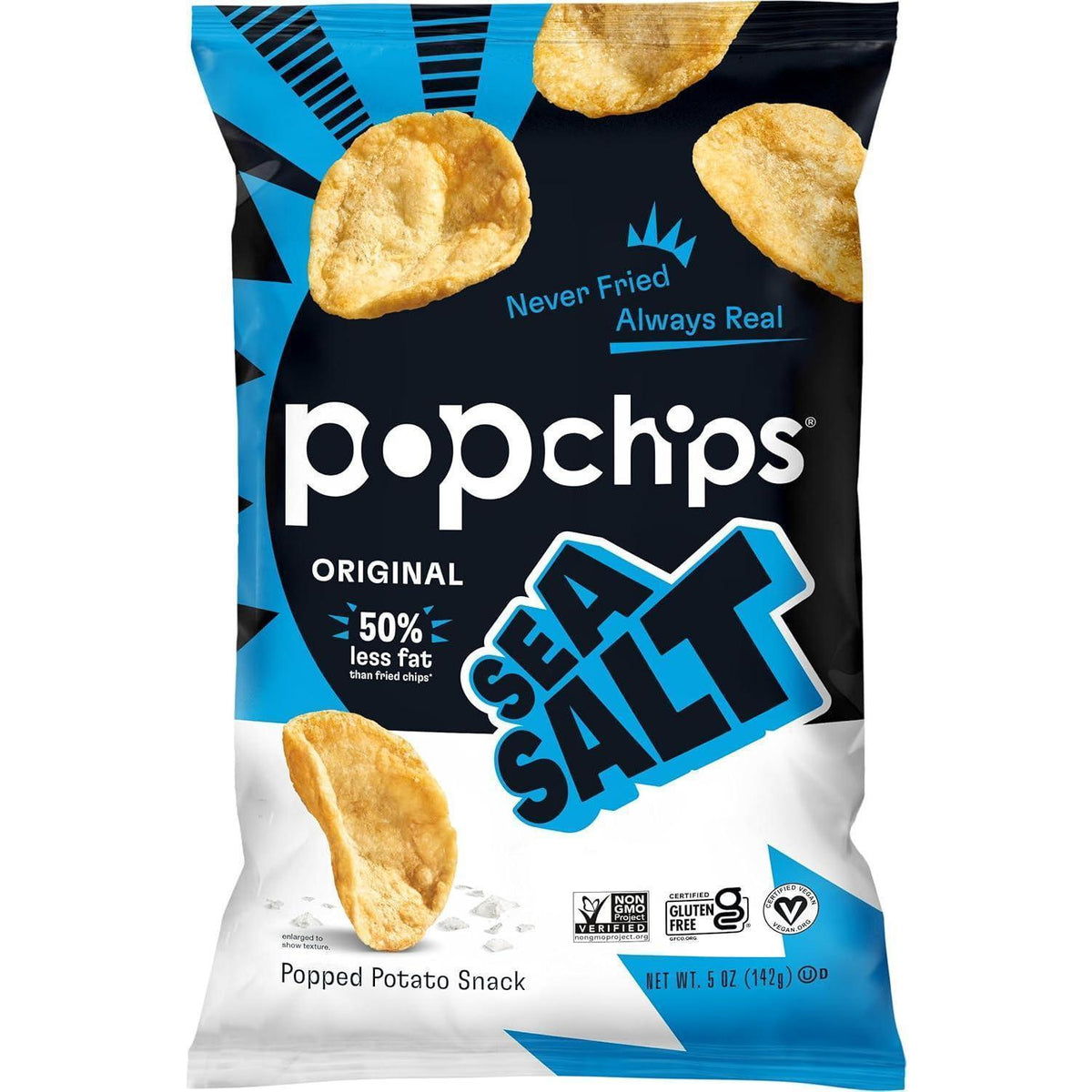 Popchips Popped Potato Chips, Sea Salt Flavor, 5 oz, 12-Count Snack Bags, Light & Crispy Puffed Snack