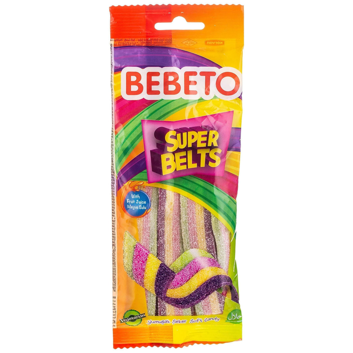 Bebeto Import Super Sour Belts Fruit & Chewy Candy Strips, 2.65oz, 12-Count Tray Packaging Sour Gummy Snacks