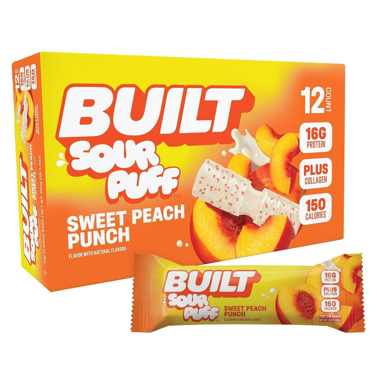 BUILT Sour Puff Protein Bars - Sweet Peach Punch Flavor, Fruity, Soft, Tangy, 1.41oz, 12-Count Boxed Snacks