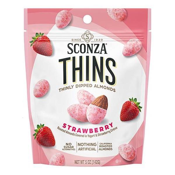 Sconza Thins Strawberry Yogurt Almonds, 5oz, 6-Count Peg Bag