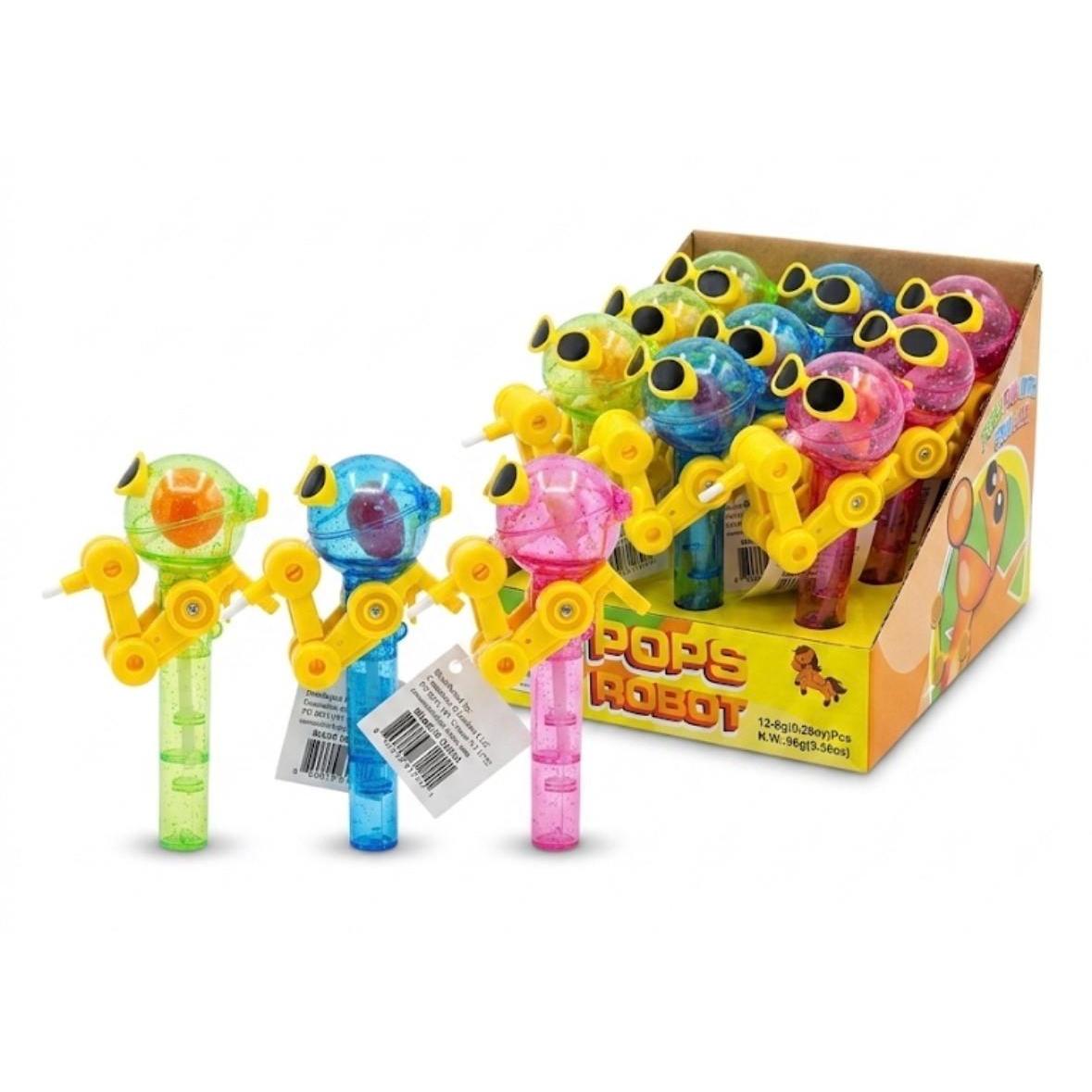 Cosmoline Pops Robot Lollipop Hard Candy Toy - Sugar-Based Sweet Snack Candies, 3.36 oz 12-Count Tray Pack Novelty Pops