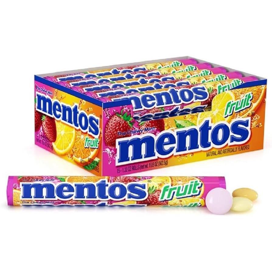 Mentos Fruit Rolls Candy 1.32 oz 15 Count Tray Fruity Chewy Candy Rolls