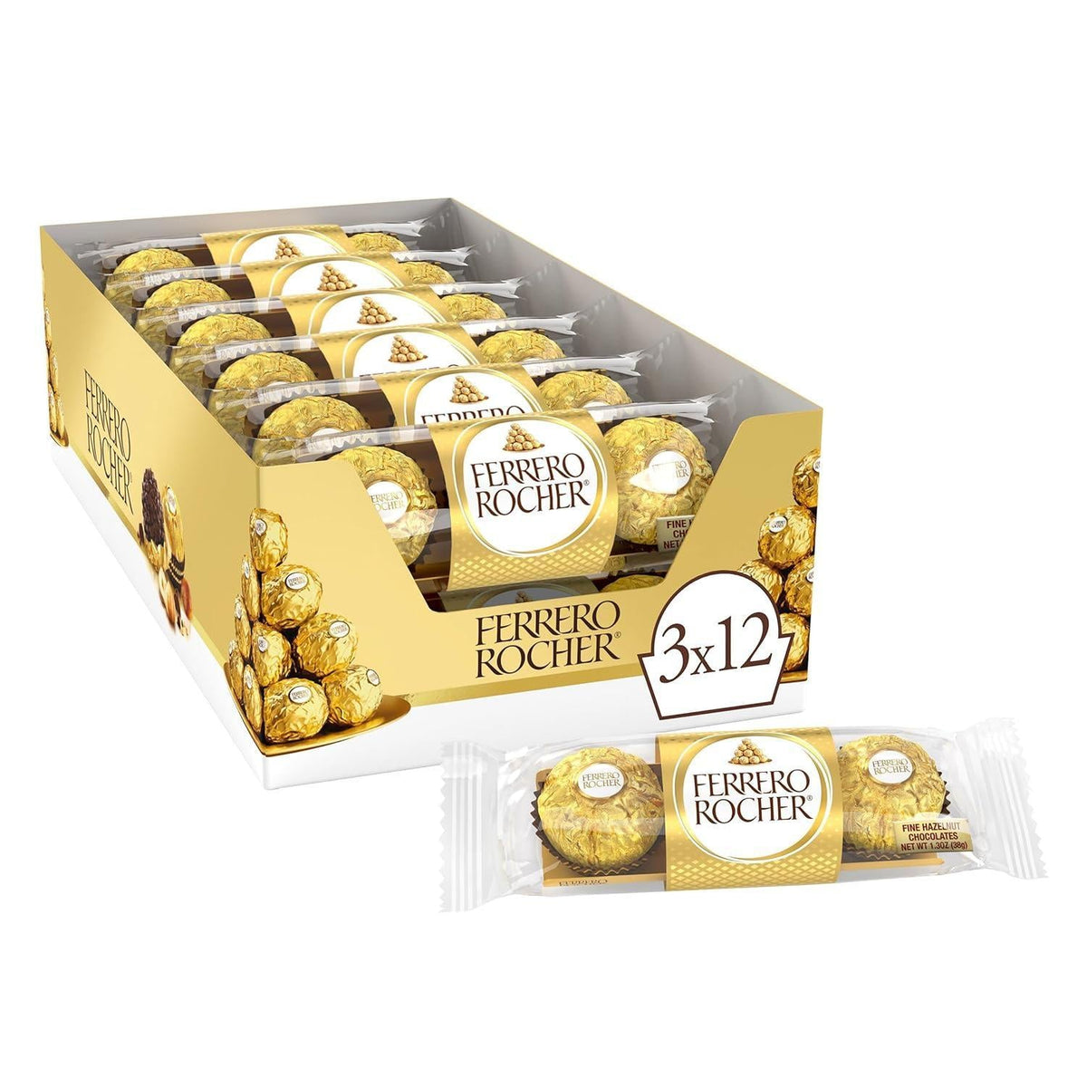 Ferrero Rocher Chocolate 1.3 oz 12 Count Premium Hazelnut Chocolate Candy Packs