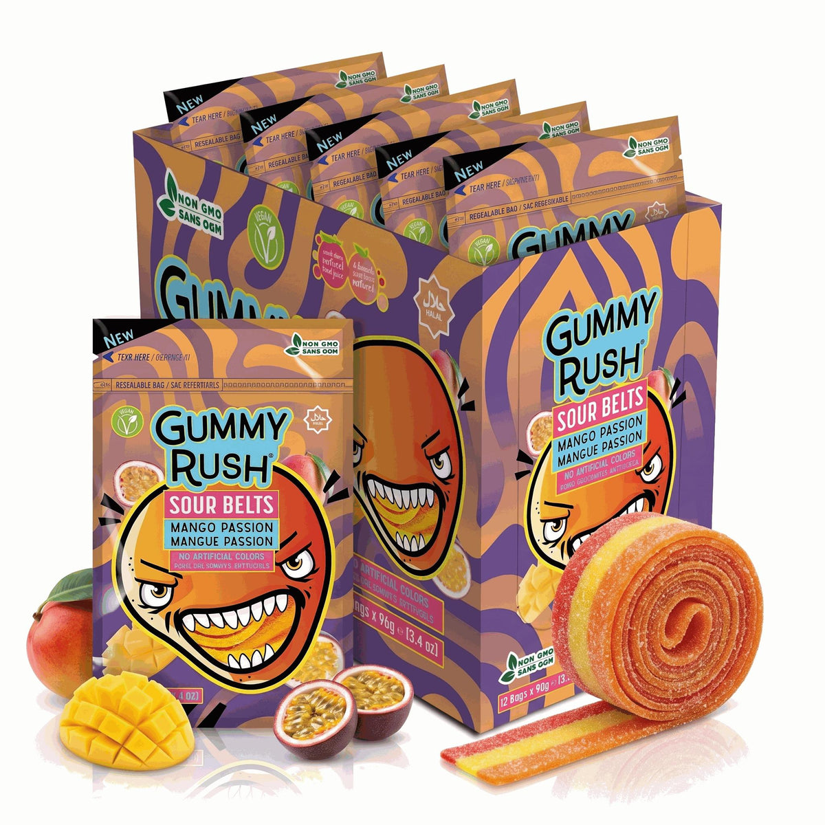 INFIN8Gummy Rush Sour Belts Candies - Mango Passion Flavor, Sugar Base, 3.4oz Peg Bag, 12 Pieces, Sweet Snacks for Adults