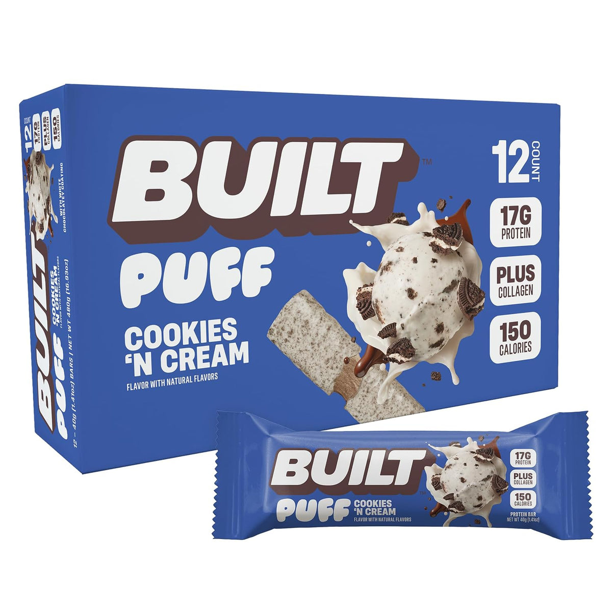 ThayerBUILT Puff Protein Bar Cookies 'N Cream 1.41 oz 12 Count Crispy Protein Snack Bars | Creamy Cookies Flavor On-the-Go Treats