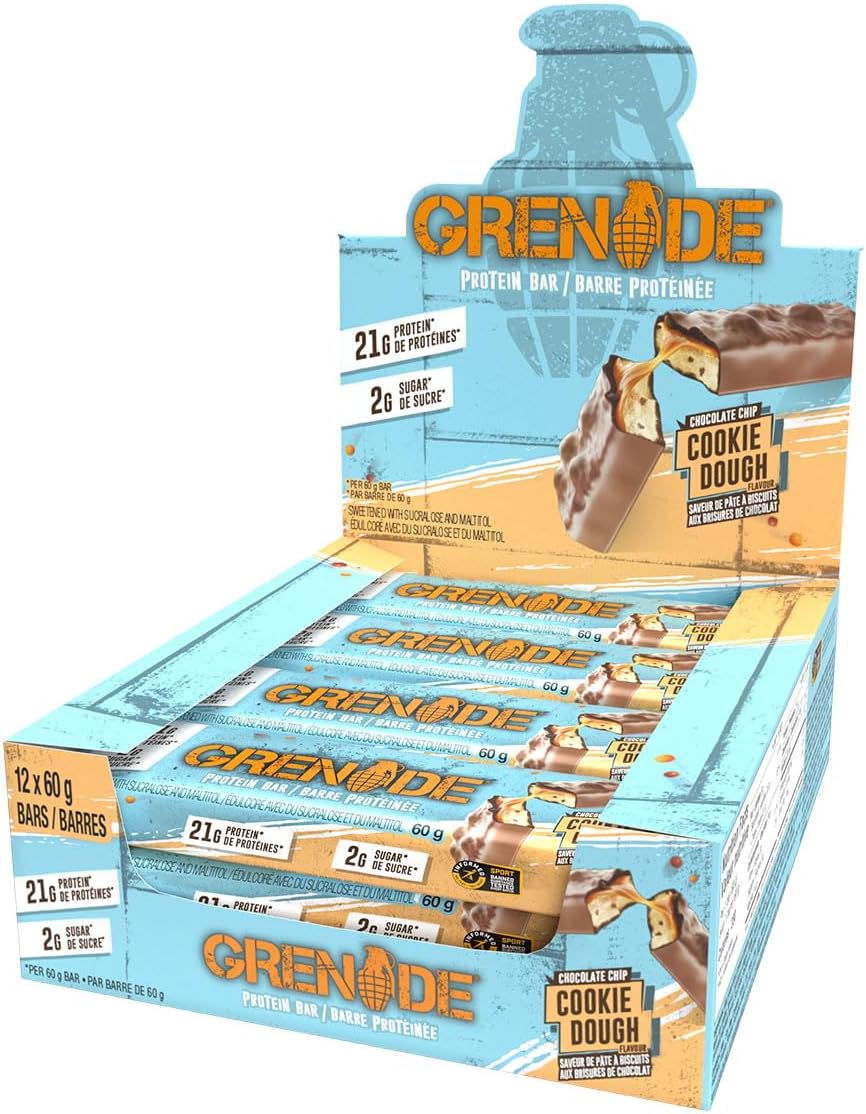 Soft Grenade UK Chocolate Chip Cookie Dough Protein Bar - 2.12 oz, 12 Bars, Imported British High-Protein Fitness Snacks