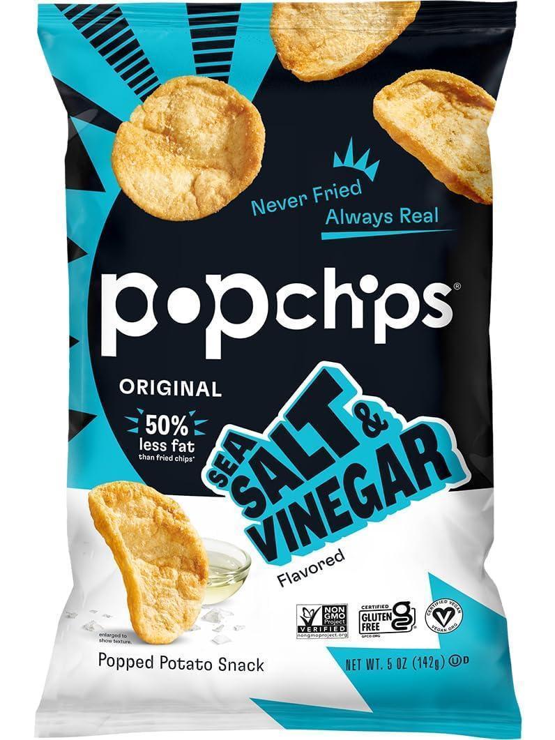 Popchips Never Fried Potato-Based Popped Snack Food, Sea Salt Vinegar Flavor, 5oz Bags, 12 Count, Ambient Temp Storage