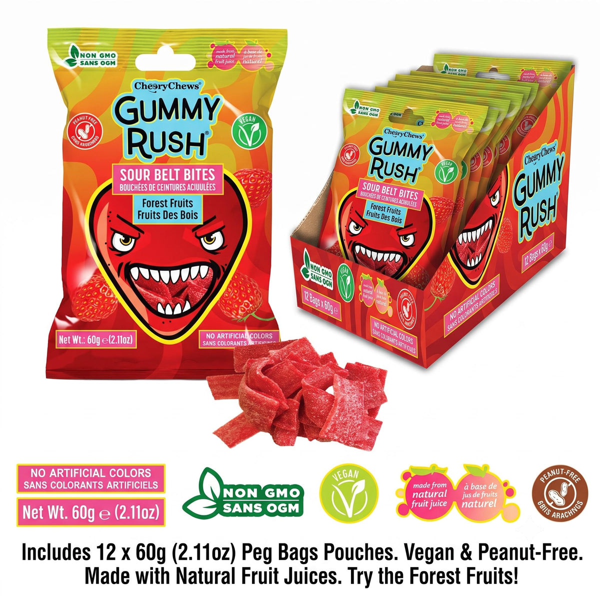 INFIN8 Gummy Rush Mini Sour Belt Bites, Forest Fruits Flavor, 2.11 oz, 12 Pieces Sour Gummies Fruit & Chewy Candy