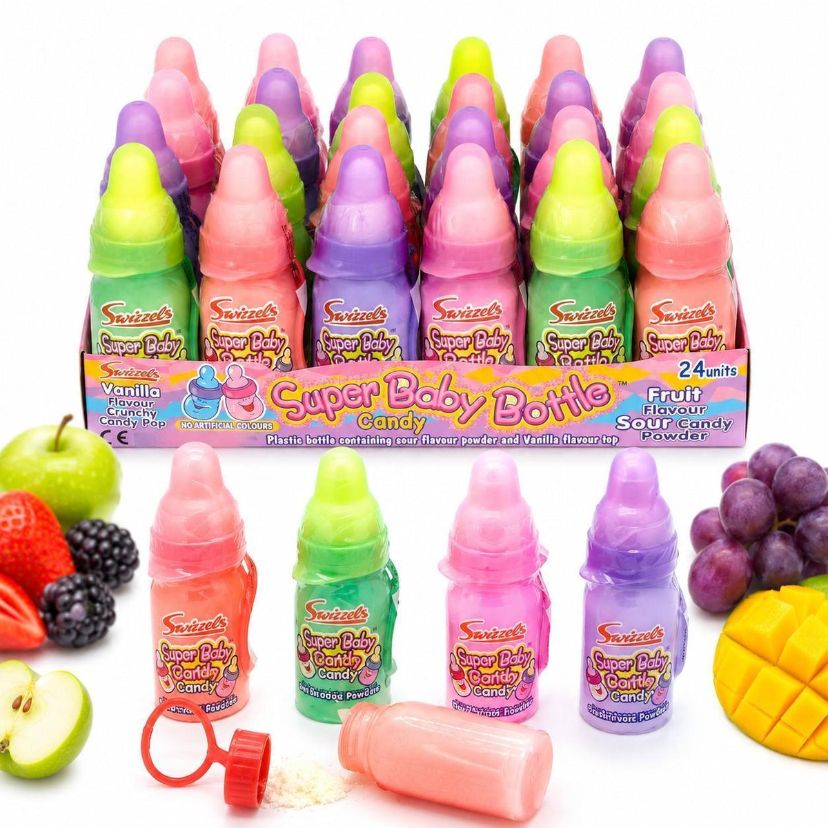 Swizzels UK Import Fruity Sour Super Baby Bottle Candy Lollipops, 24 Pieces Party Snack - Tangy Candies for Fun Treats