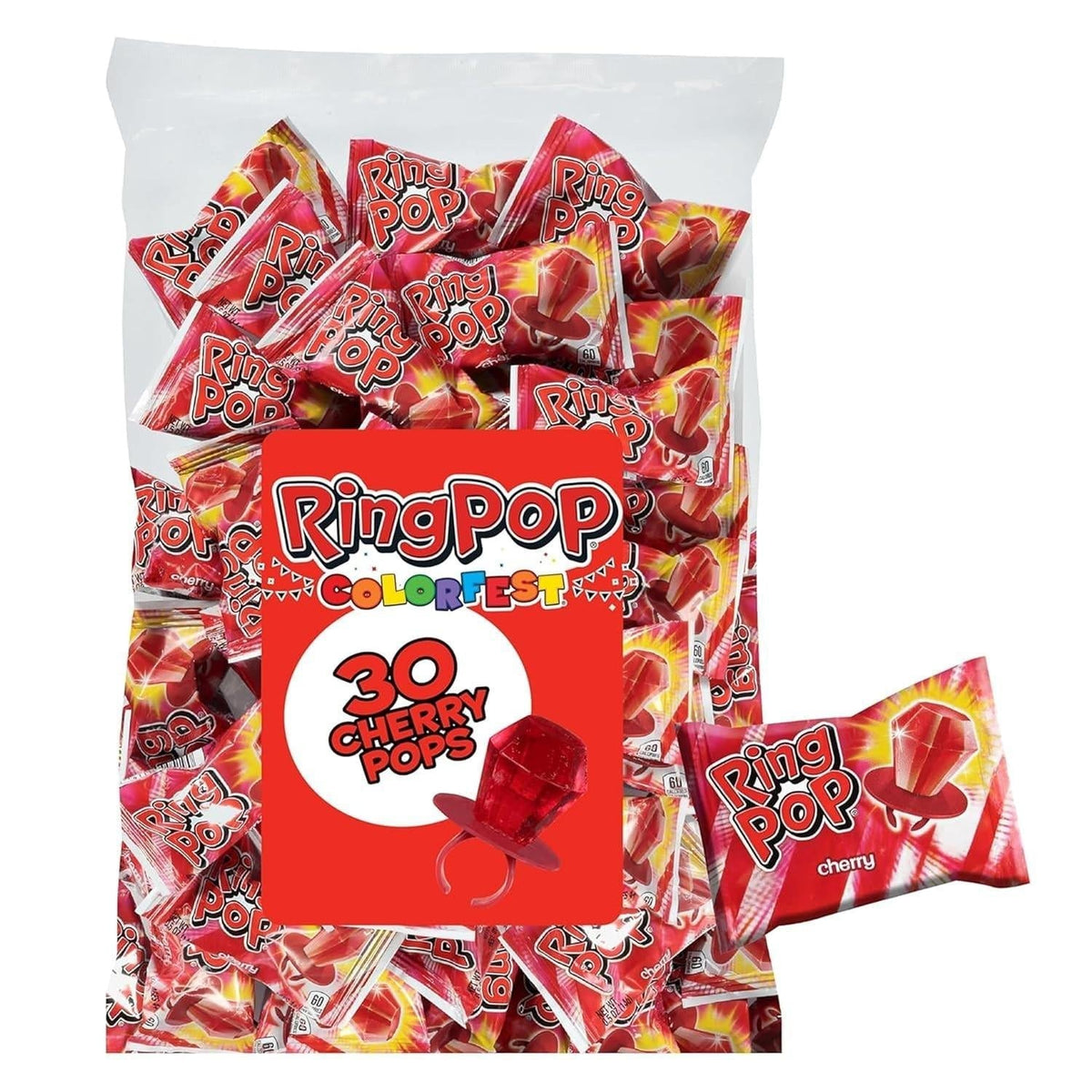 Ring Pop All Cherry Red Flavor Wearable Lollipop Candy, 30-Count Sweet Snack Candies for Birthday Celebrations