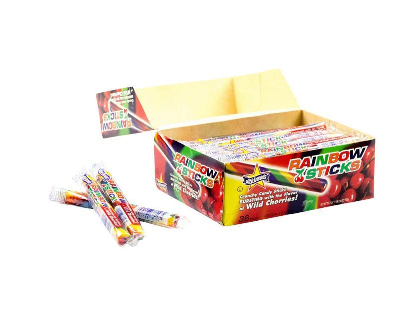 Atkinson's Rainbow Sticks Wild Cherry Candies Snack, 36-Ct Sweet Birthday Boxed Set