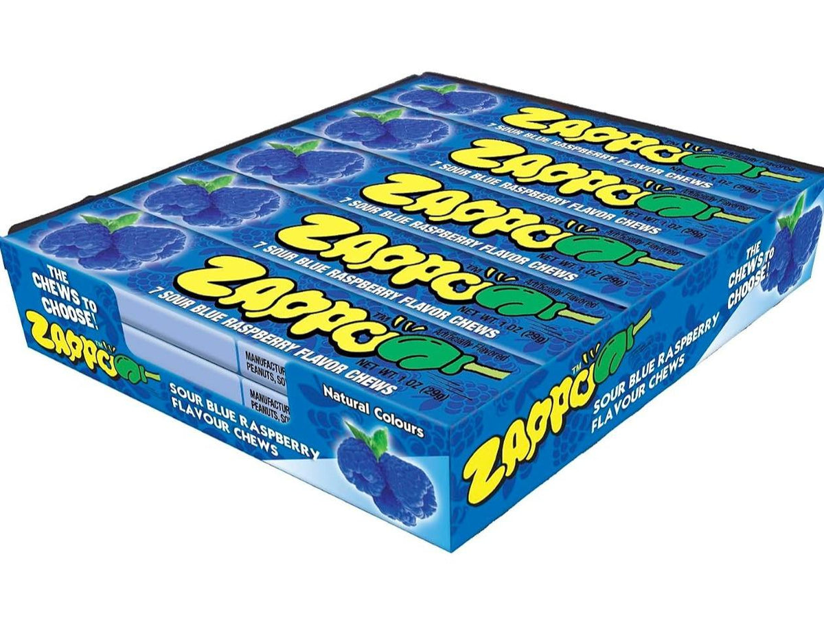 Zappo Sour Blue Raspberry Flavor Soft Sweet Fruit Chews Candies, 1 oz Individually Wrapped Snack Bars, 30 Count Tangy Party Treats