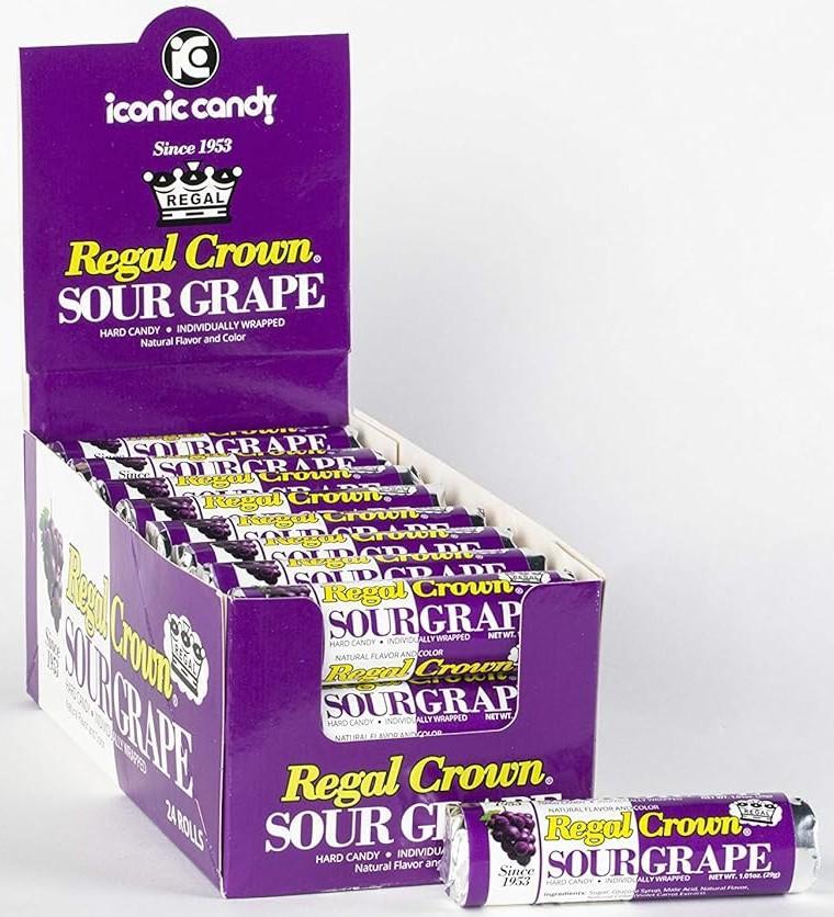 Iconic Regal Crown Sour Grape Hard Candy, 24-Ct Tray Pack with Sugar, Bulk Candy Snacks