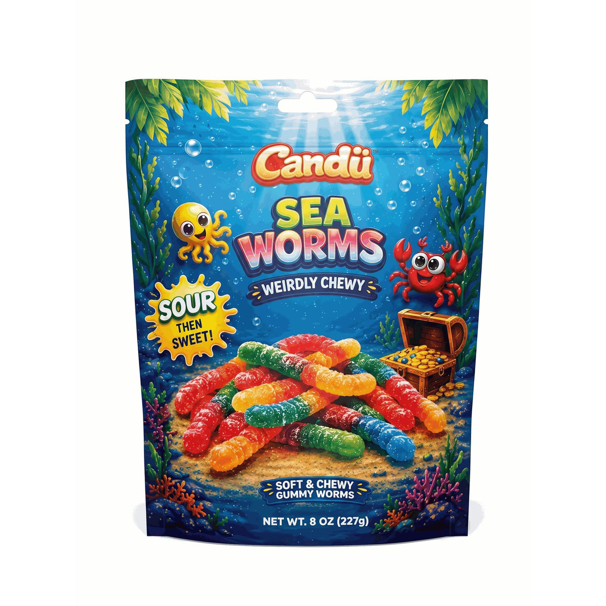 Candu Deep Sea Sour Gummy Worms Gummies Candy - Assorted Fruit Flavor, 8oz, 12 Packs, Chewy, Sugar-Sweetened, Room Temp-Stable Snacks
