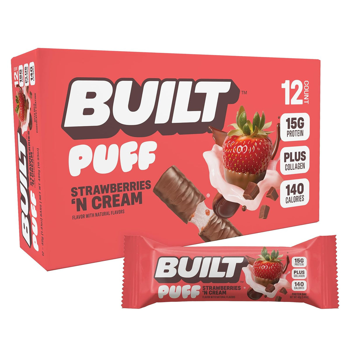 Built Strawberry Cream Puff Protein Bars - 1.41oz, 12-Count, Chocolate-Containing Protein-Rich Snack Bars, Contains Chocolate