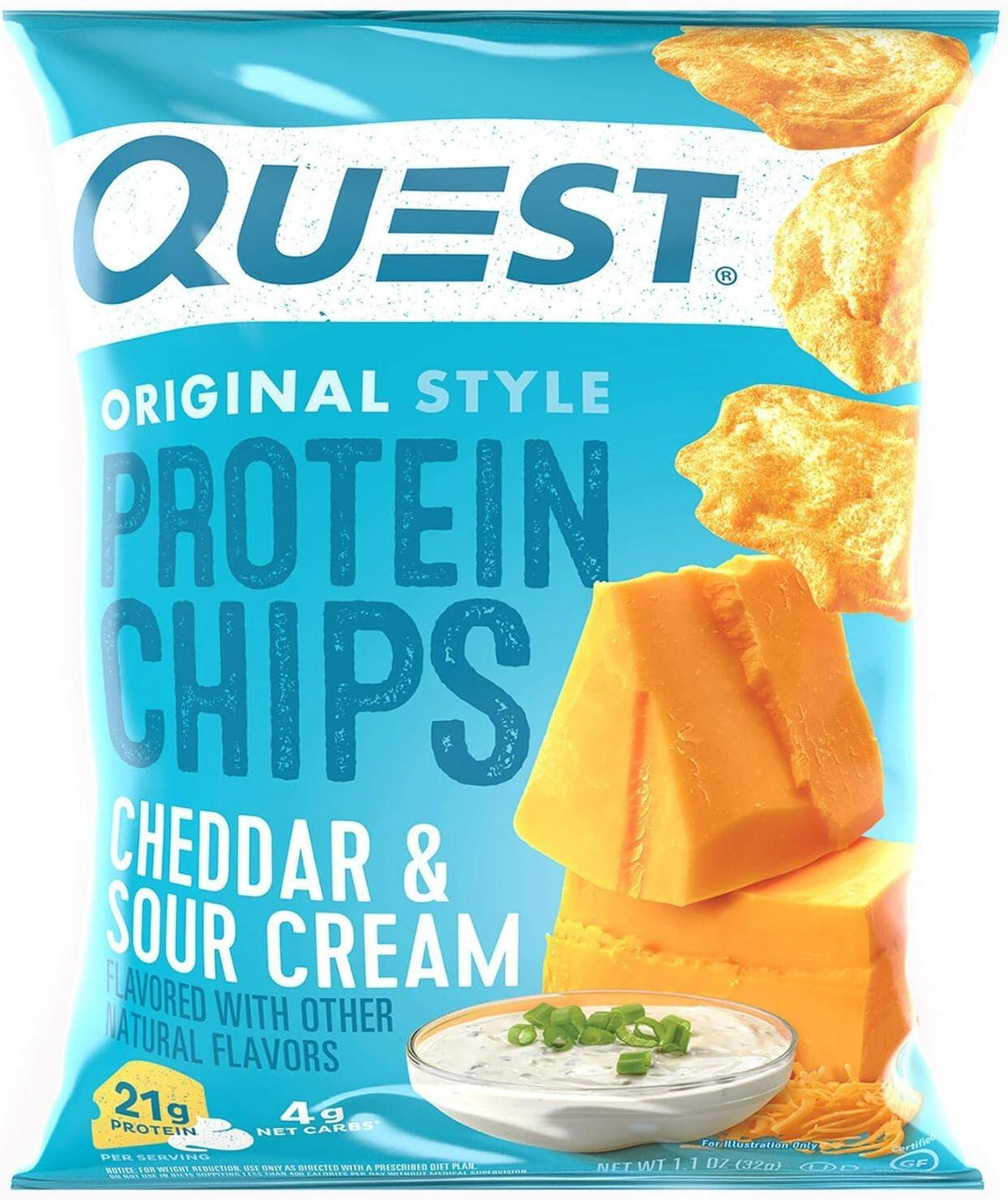 Quest Protein Chips, Cheddar & Sour Cream Flavor, 1.1 oz, 8 Count - High Protein Tortilla-Style Snack for Active Lifestyles