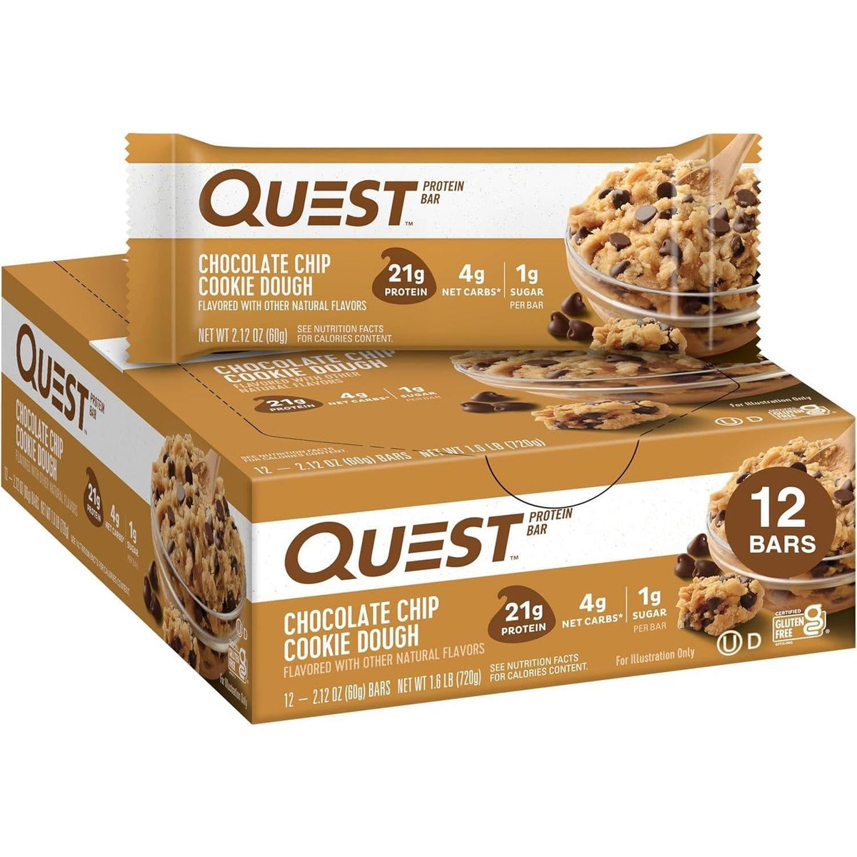 Quest Protein Bar, Chocolate Chip Cookie Dough Flavor, Contains Chocolate, Single Serve Sweet Snack, 12-Count Pack