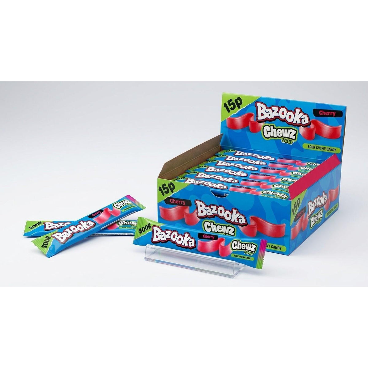 TDSBazooka UK Sugar-Based Sour Chewy Candy Bar, Cherry Red, 14g, 60 Pieces Tray Pack