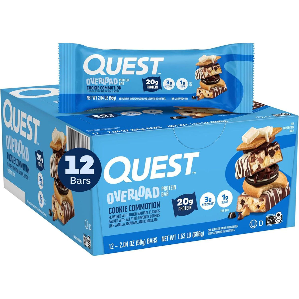 Quest Protein Overload Bar - Cookie Commotion, 2.04 oz, 12 Bars, Protein-Rich Chocolate Snack for On-the-Go Munching