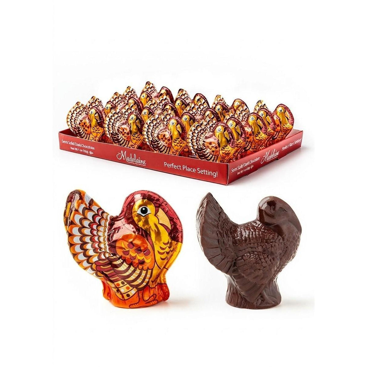Madelaine Dark Chocolate Foil-Wrapped Turkey-Shape Candies, 1oz Each, 20-Count Tray Pack for Thanksgiving Celebrations