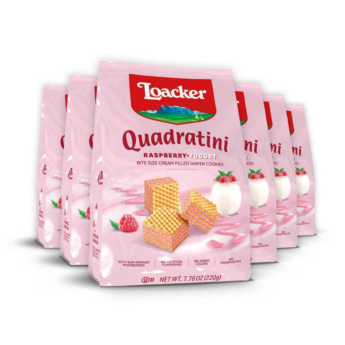 Loacker Quadratini Raspberry-Filled Wafer Cookies, 7.76 oz (6 Bags), Sweet Bite-Size Italian Ambient Temp Snack Biscuits with Candy-Like Flavor
