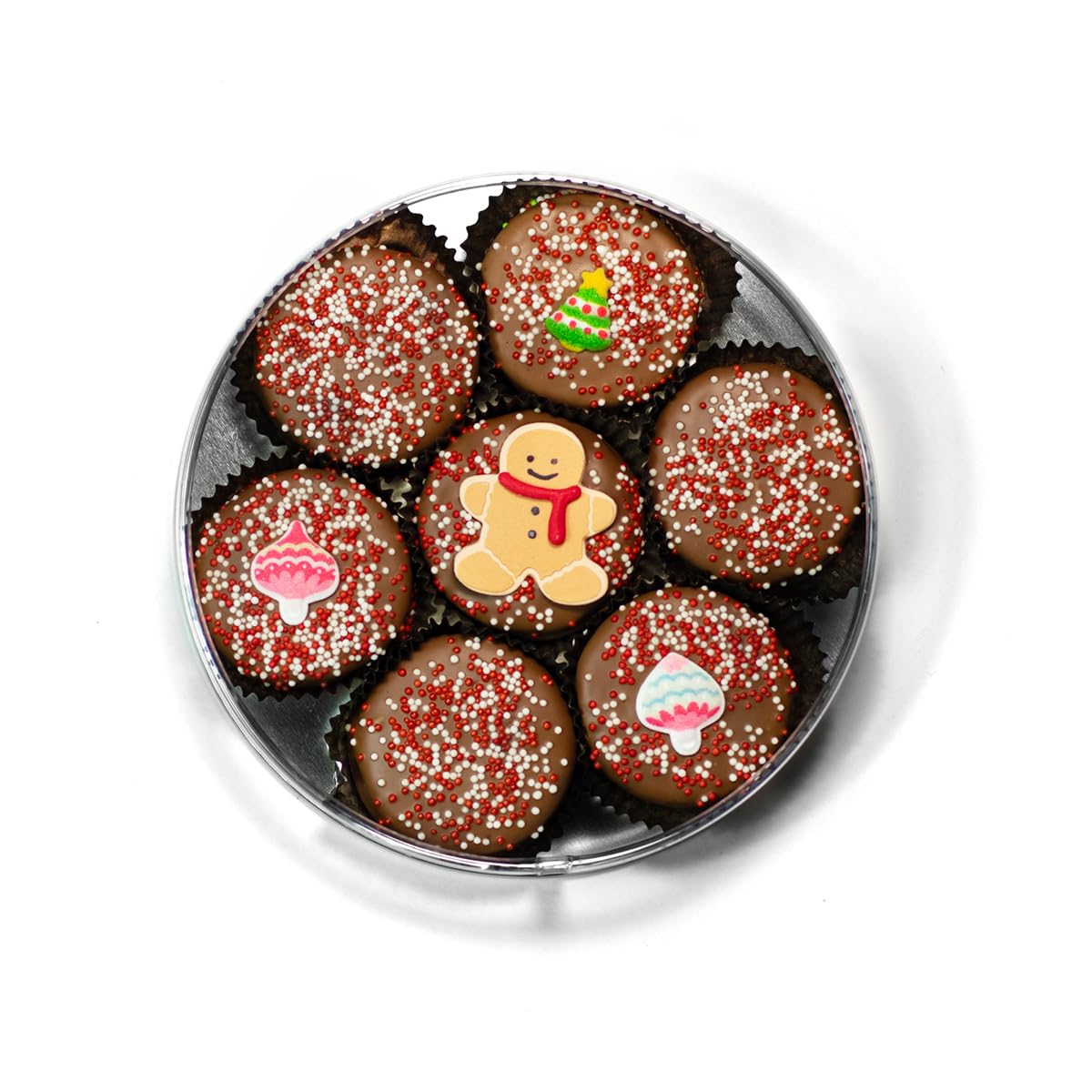 Olde Naples Christmas MILK Chocolate Dipped Chocolate Sandwich Cookies, Hand decorated Gift Basket with 7 Chocolate covered Chocolate Sandwich Cookies (Milk Chocolate)