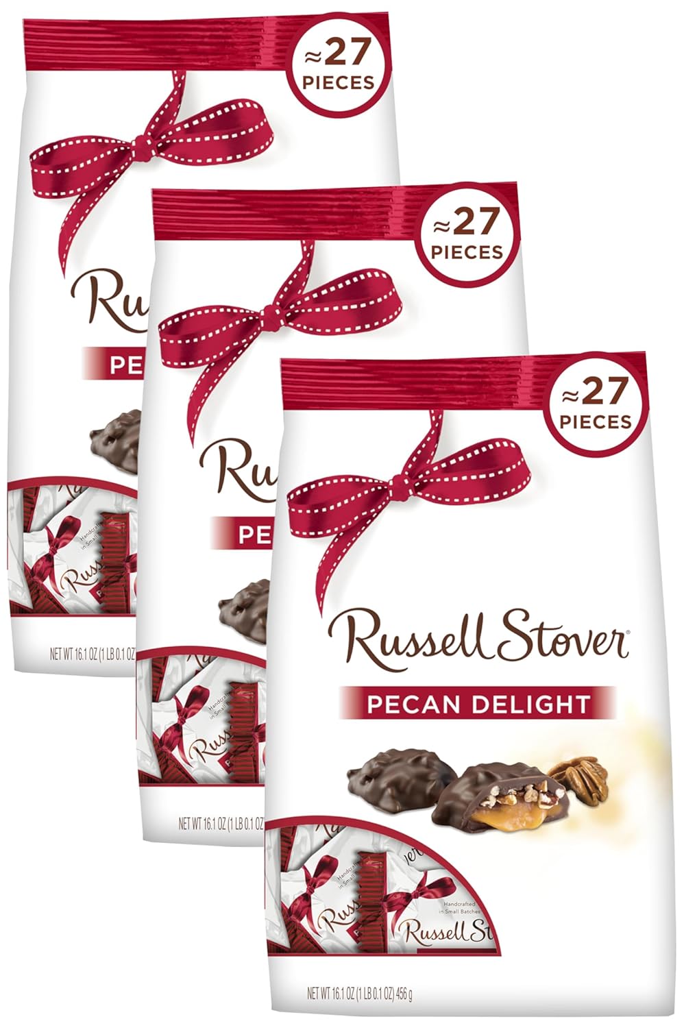 Russell Stover Pecan Delight Gusset Bag 16.10 Ounce Russel Stover Milk Chocolate Covered Candy Pack, Crunchy Pecans and Buttery Caramel Covered In Sweet Milk Chocolate Candy, Individually Wrapped