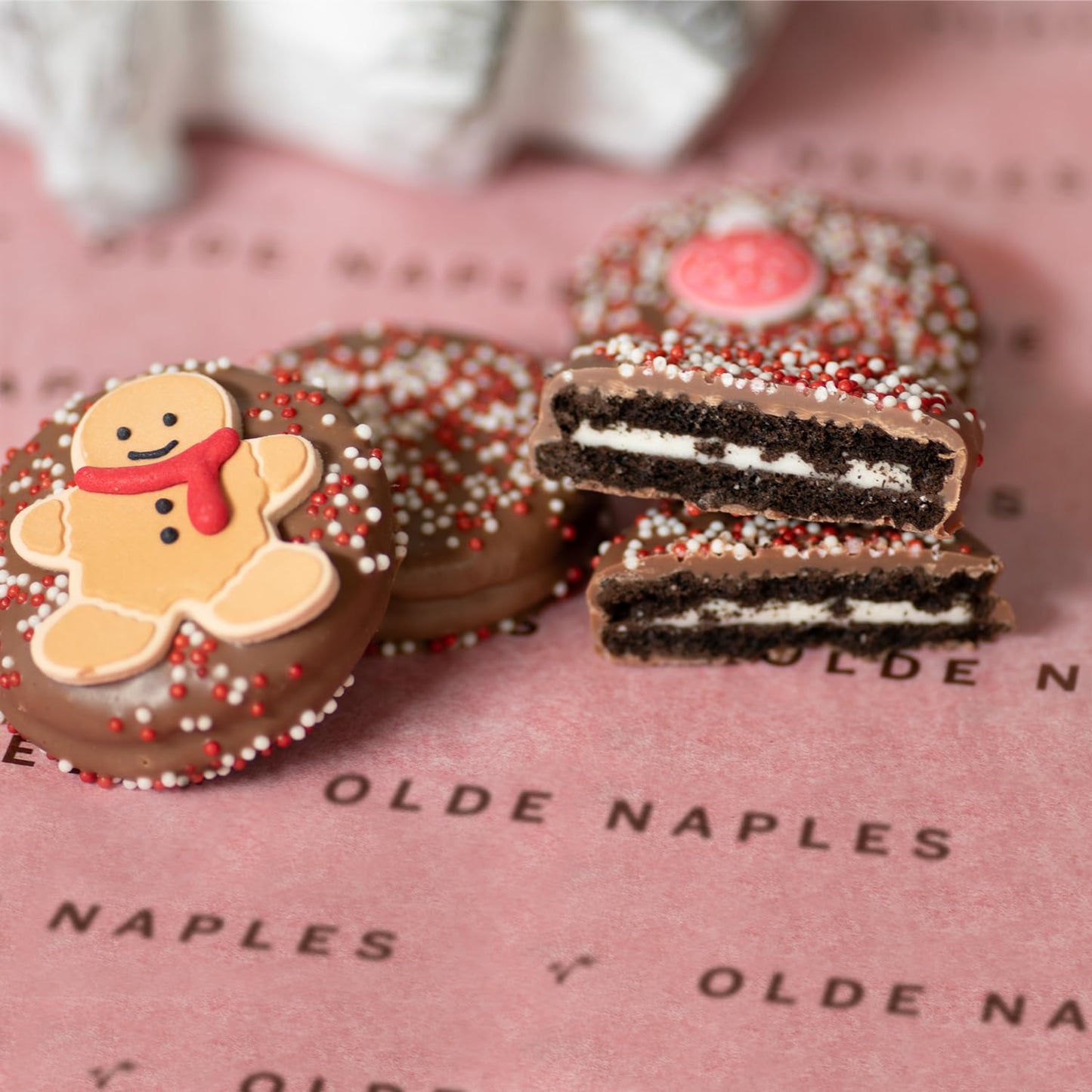 Olde Naples Christmas MILK Chocolate Dipped Chocolate Sandwich Cookies, Hand decorated Gift Basket with 7 Chocolate covered Chocolate Sandwich Cookies (Milk Chocolate)