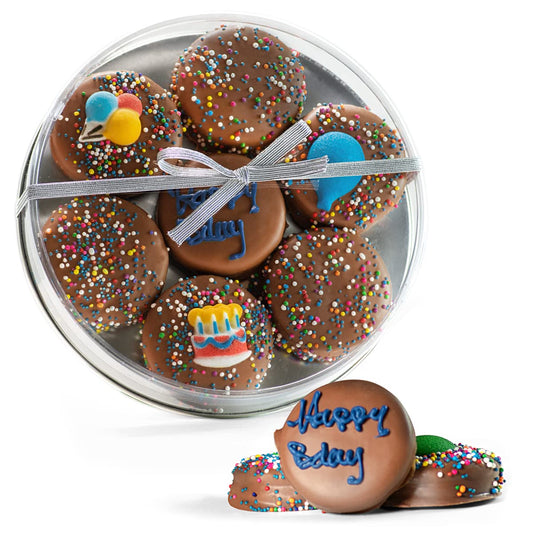 Happy Birthday Milk Chocolate Covered Sandwich Cookies, Custom 7 Pc. Blue Gift Basket, Fresh Hand Decorated Assortment, Sweet Multi-Layered Sandwich Treats for Kids and Adults