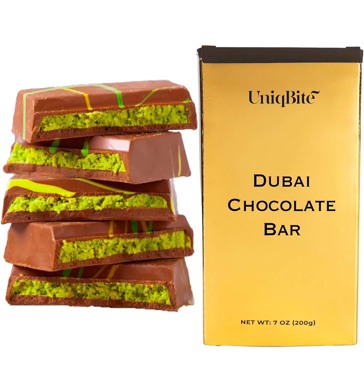 UniqBite Dubai Chocolate Bar Pistachio, Crunchy Loaded Viral Knafeh Chocolate Bar with Pistachio Cream and Kataifi, 7 oz (200gr)