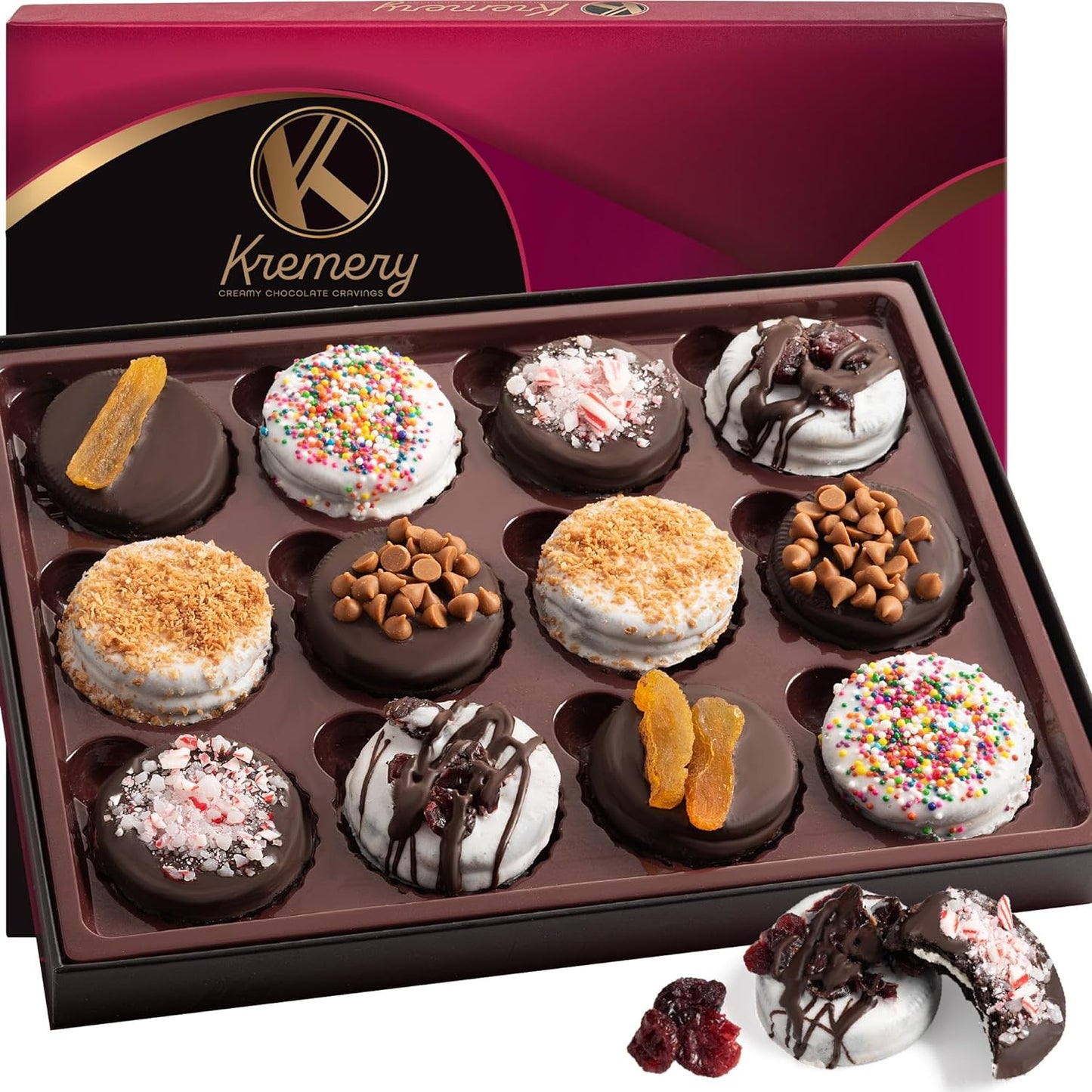 KREMERY Creamy Chocolate Cravings - Purim Mishloach Manot Chocolate Covered Sandwich Cookies And Cream Gift Basket (12 Count) Birthday Sweet Treats - Assorted Candy Toppings - Kosher Dairy