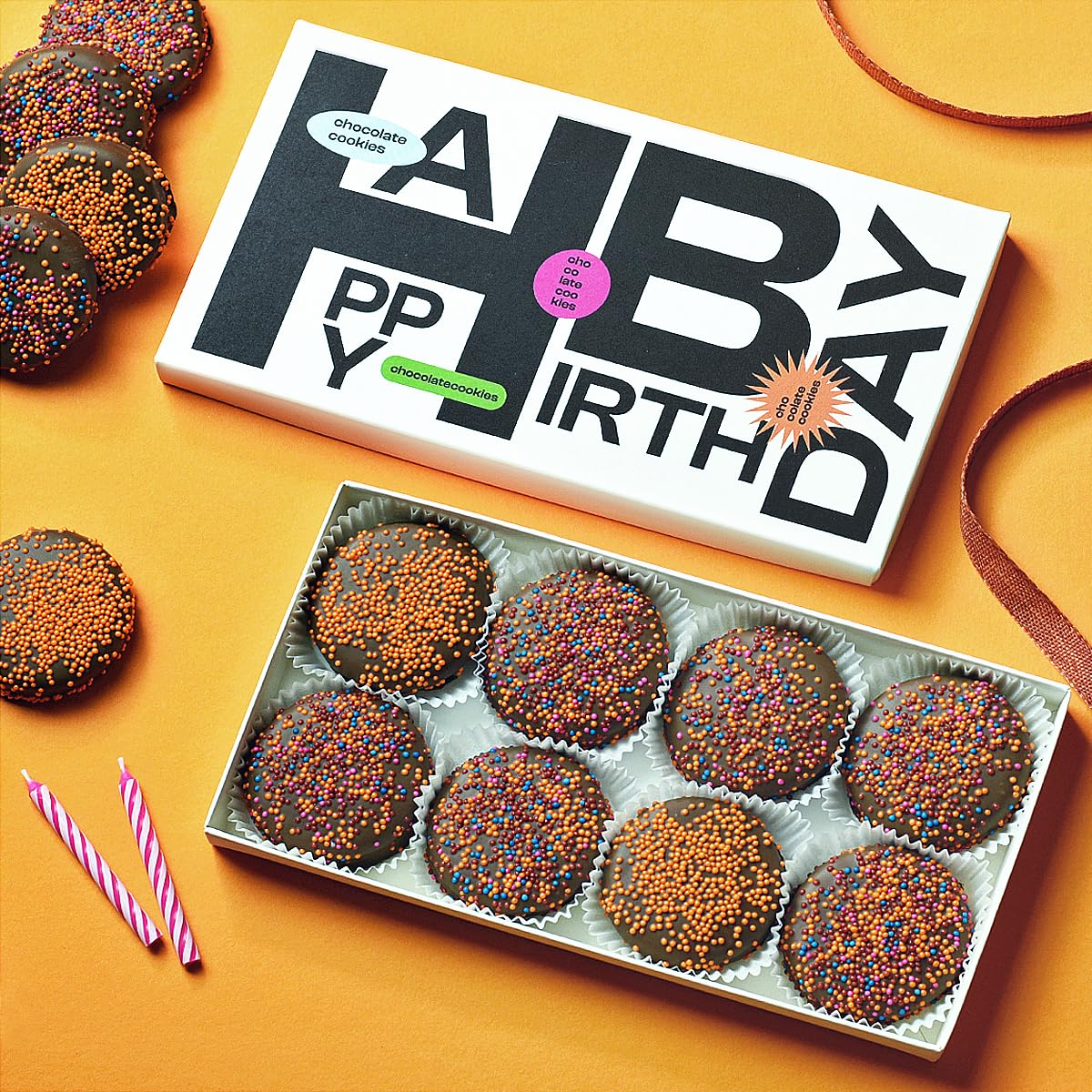 Happy Birthday Chocolate Dipped Sandwich Cookies Gift | Olde Naples Hand Decorated Sandwich Cookies | Gift Basket 8pc Sandwich Cookies Assortment Milk Chocolate (Upbeat)