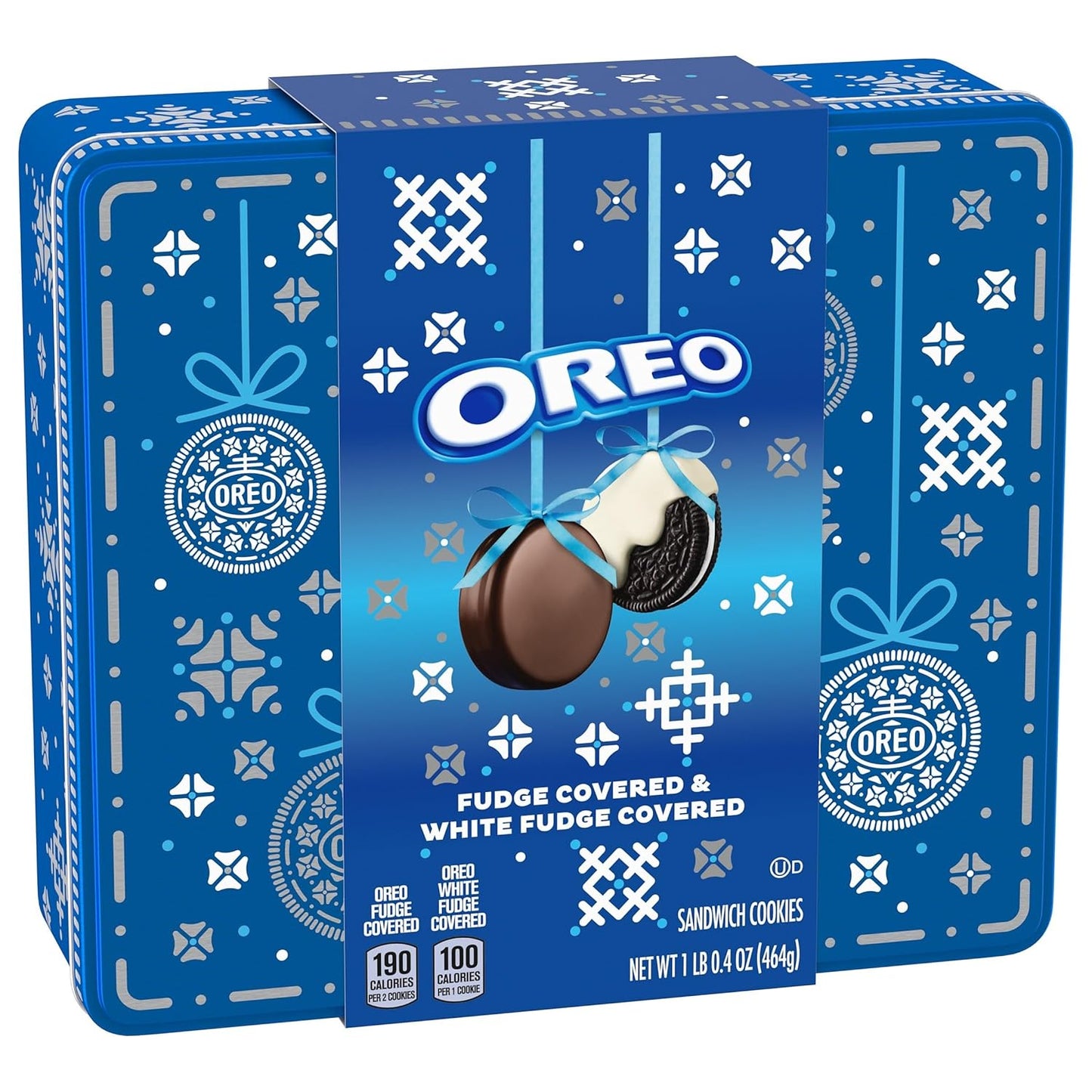 OREO Fudge and White Fudge Covered Chocolate Sandwich Cookies, Holiday Cookies, 1.02 lb Tin