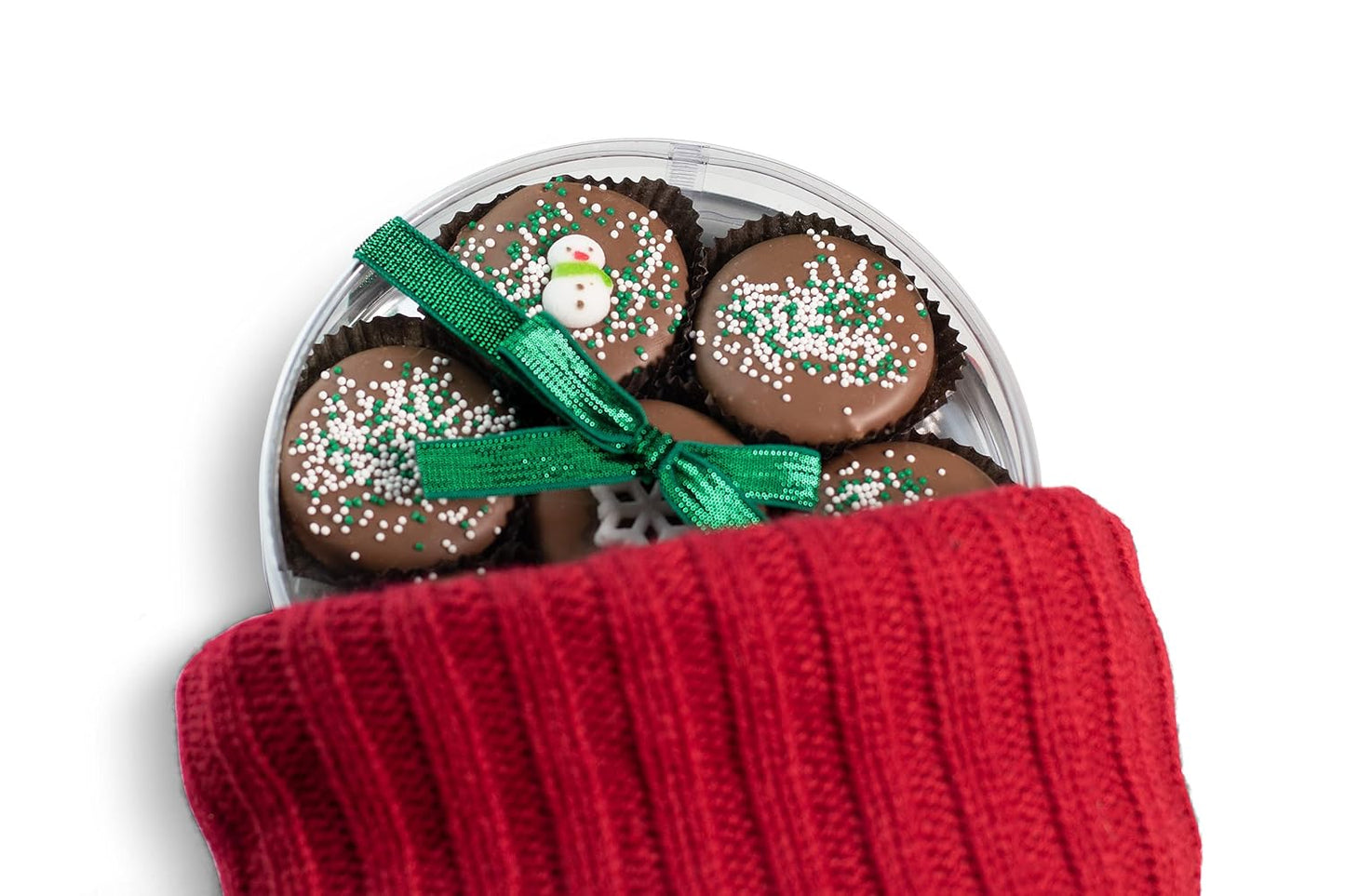 Olde Naples Christmas MILK Chocolate Dipped Chocolate Sandwich Cookies, Hand decorated Gift Basket with 7 Chocolate covered Chocolate Sandwich Cookies (Milk Chocolate)