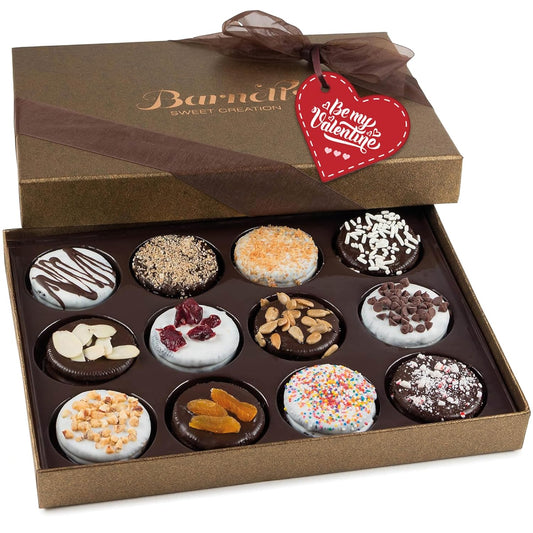 12 Chocolate Valentines Cookies Gift Basket, Gourmet Covered Candy Gift Box for Food Delivery, Cookie Gift Ideas for Galentines Friends Co-workers