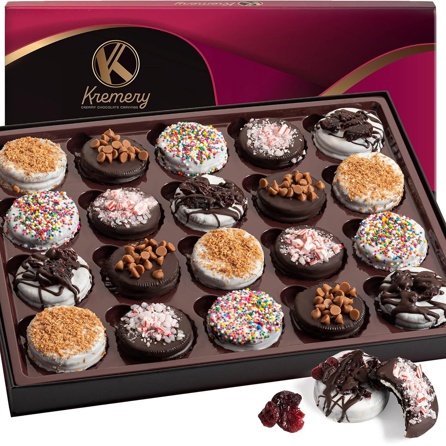 KREMERY Creamy Chocolate Cravings - Purim Mishloach Manot Chocolate Covered Sandwich Cookies And Cream Gift Basket (12 Count) Birthday Sweet Treats - Assorted Candy Toppings - Kosher Dairy