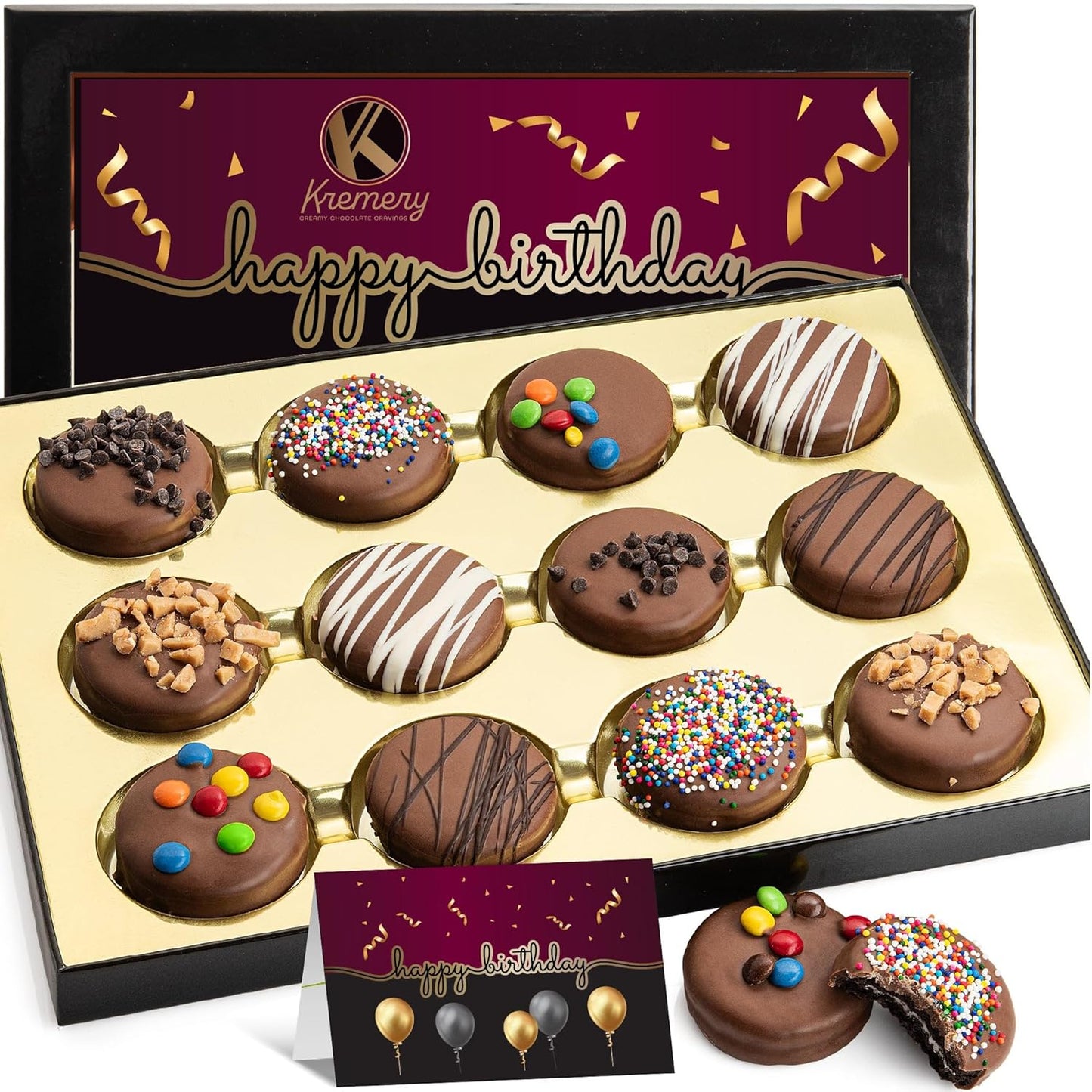 KREMERY Creamy Chocolate Cravings - Purim Mishloach Manot Chocolate Covered Sandwich Cookies And Cream Gift Basket (12 Count) Birthday Sweet Treats - Assorted Candy Toppings - Kosher Dairy
