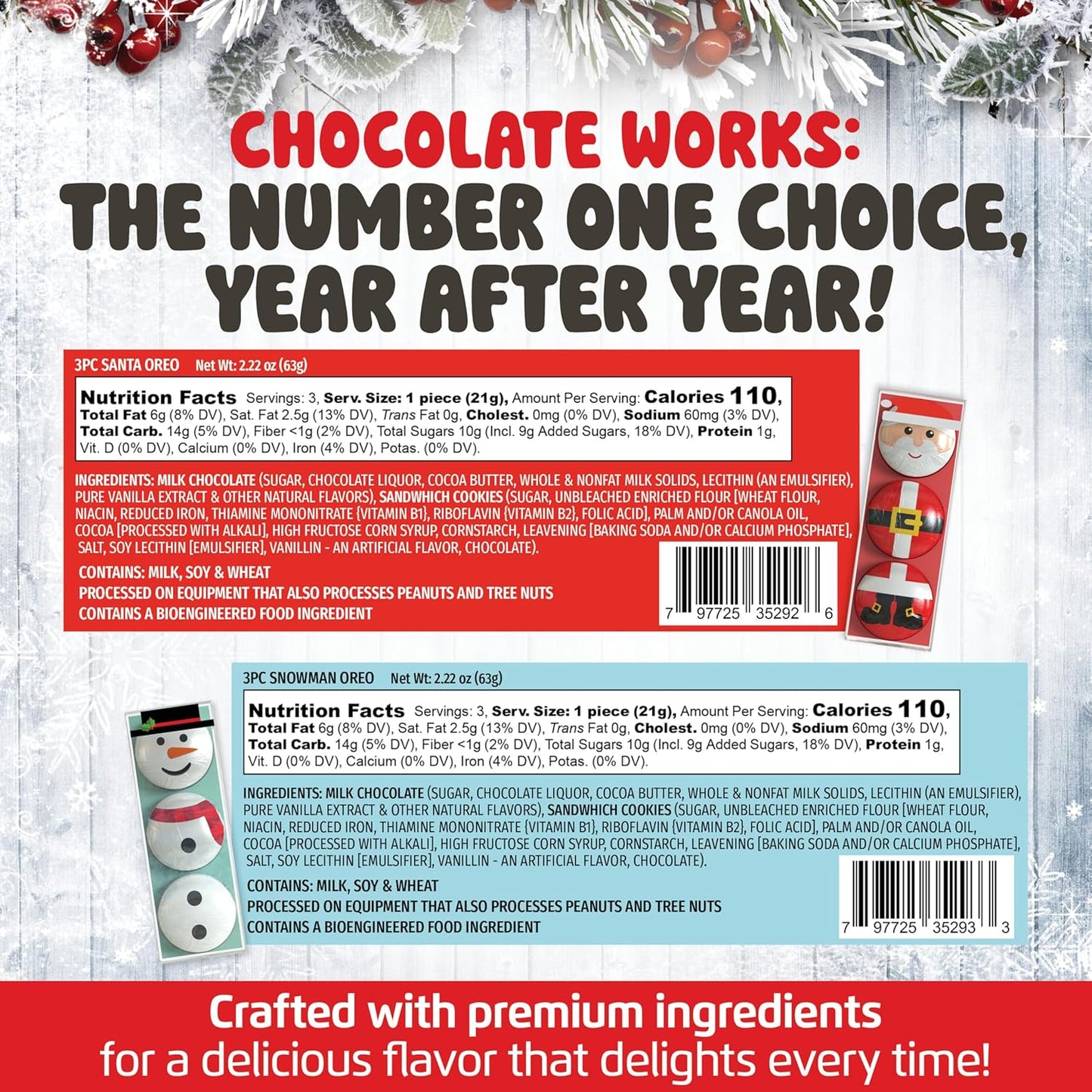 Chocolate Covered Cream Filled Cookies by Chocolate Works, Gourmet Christmas Chocolate Gift Box, Milk Chocolate Coated Cookies, Santa Claus and Snowman Gift, 6 Premium Chocolate Treats Packs