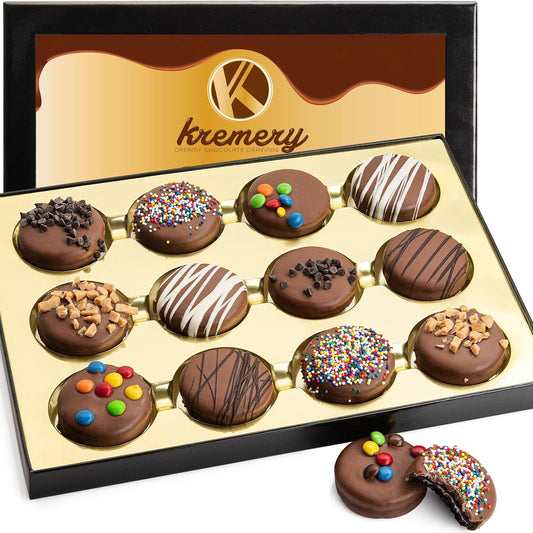 KREMERY Creamy Chocolate Cravings - Purim Mishloach Manot Chocolate Covered Sandwich Cookies And Cream Gift Basket (12 Count) Birthday Sweet Treats - Assorted Candy Toppings - Kosher Dairy