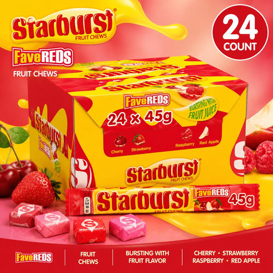 Starburst UK Import FaveReds Soft Chewy Fruit Candies, 45g, 24-Count Tray Pack Snack