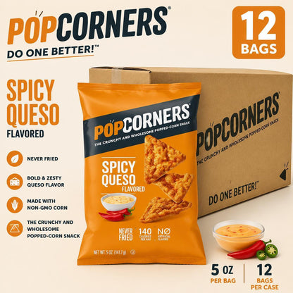 PopCornersPopCorners Spicy Queso Popped Corn Snacks - 5 oz, 12-Count Snack Food Bags (Popped Corns for Savory Snacking)