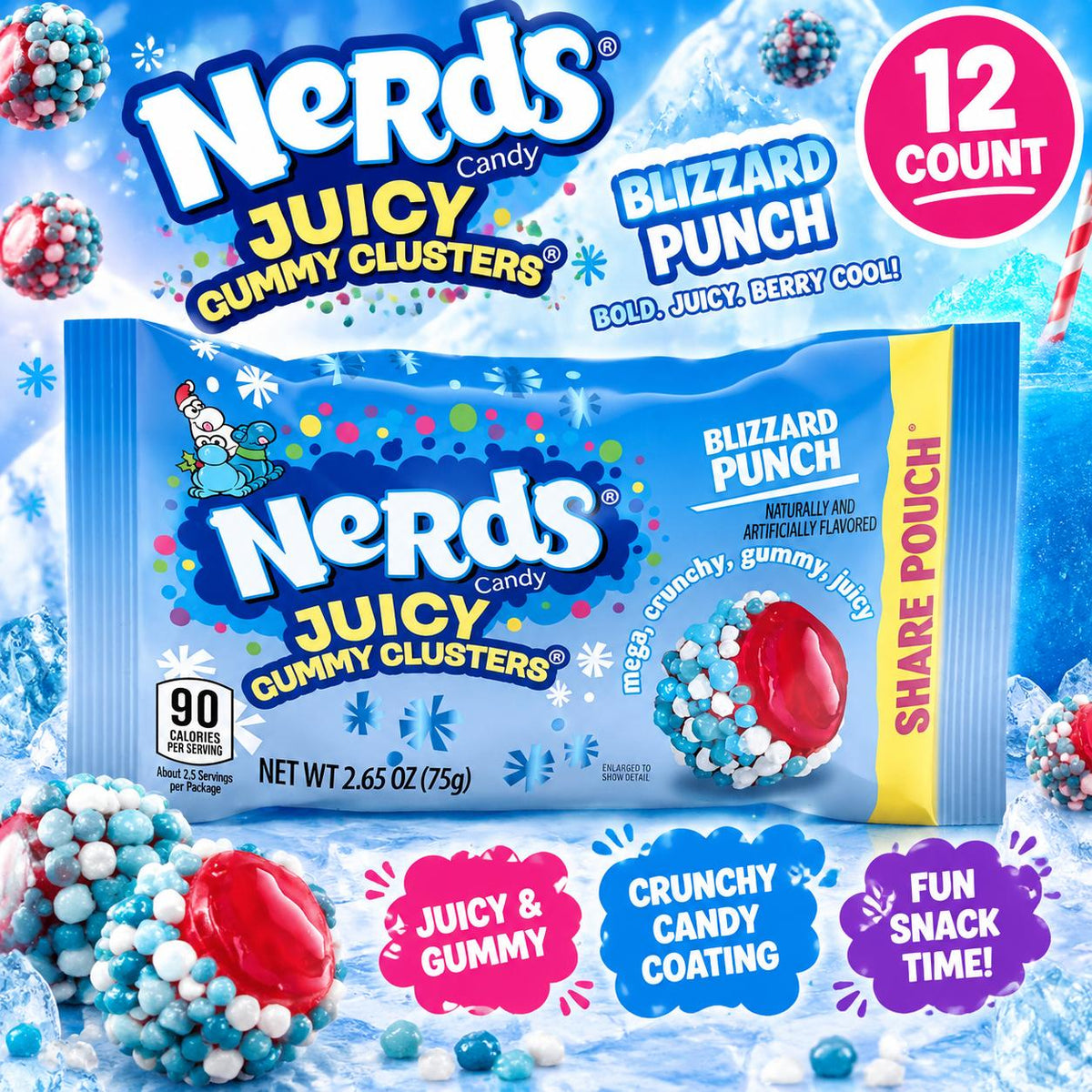 Nerds Blizzard Punch Gummy Clusters, 2.65 oz, 12 Count Crunchy Chewy Fruity Candy (12 pieces)