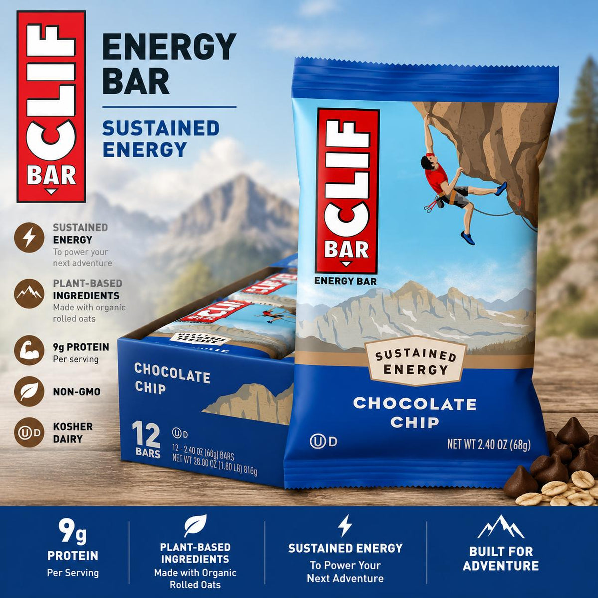 Clif Energy Protein Bars, Chocolate Chip Flavor, 2.40 oz, 12-Count Pack Sweet Snack Bars