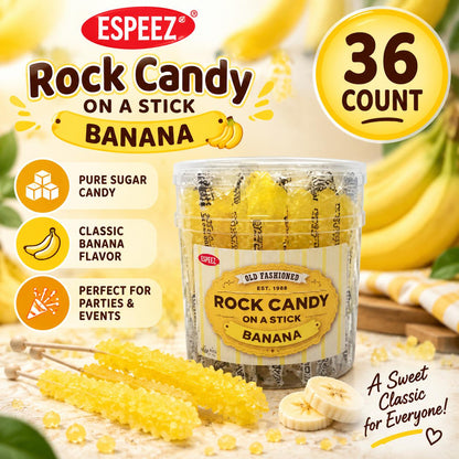 Espeez Pure Sugar Yellow Banana-Flavor Rock Candy Sticks, 6.5 in, 36-Count Jar