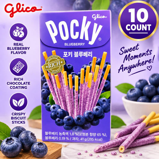Korean Pocky Blueberry Flavor Chocolate Biscuit Sticks, 1.45oz, 10 Pieces Sweet Snack, Snack Boxes