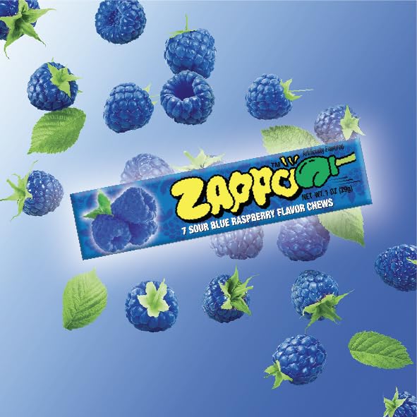 Zappo Sour Blue Raspberry Flavor Soft Sweet Fruit Chews Candies, 1 oz Individually Wrapped Snack Bars, 30 Count Tangy Party Treats
